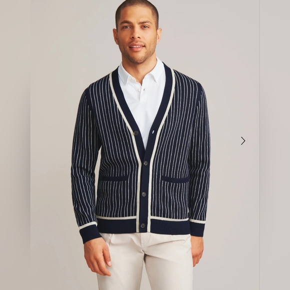 🖤🔹️RHONE🔹️ Men's True Navy/ Stone Pinstripe Earl Golf Striped Cardigan